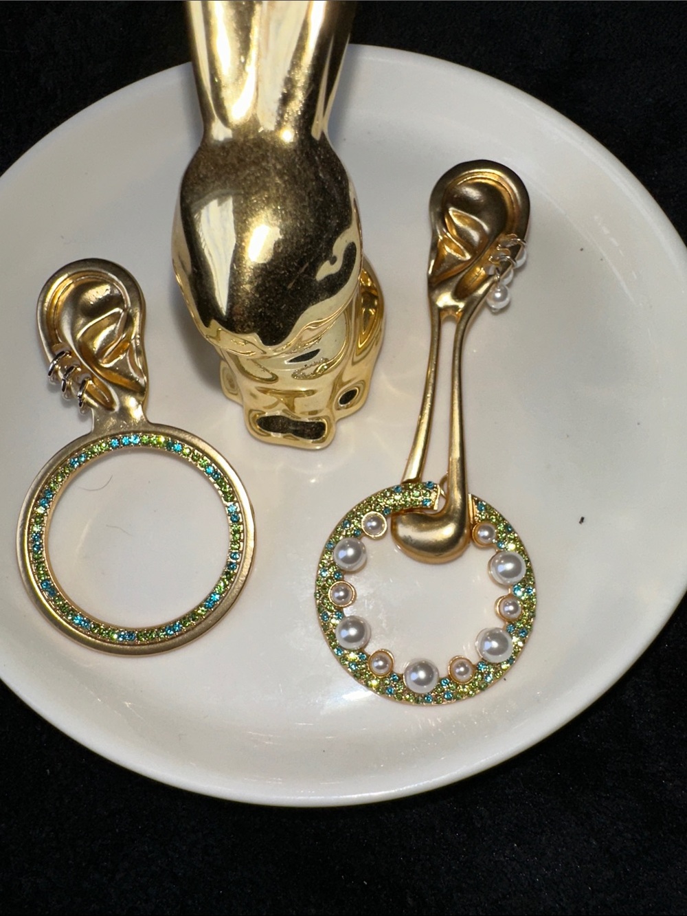 Gold Hoop Drop Earrings with Green Glitter and Pearl Accents